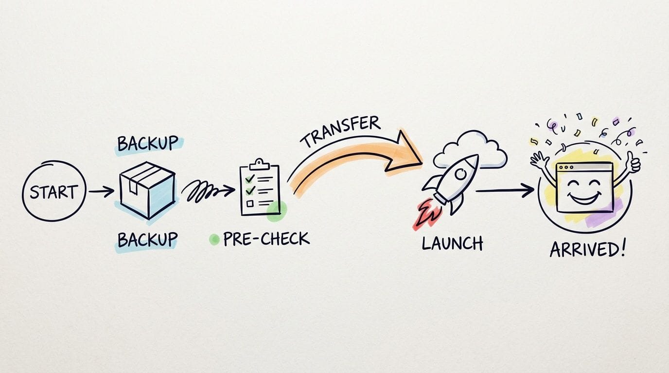 An illustrated step-by-step process diagram showing website migration from backup to launch and final arrival.