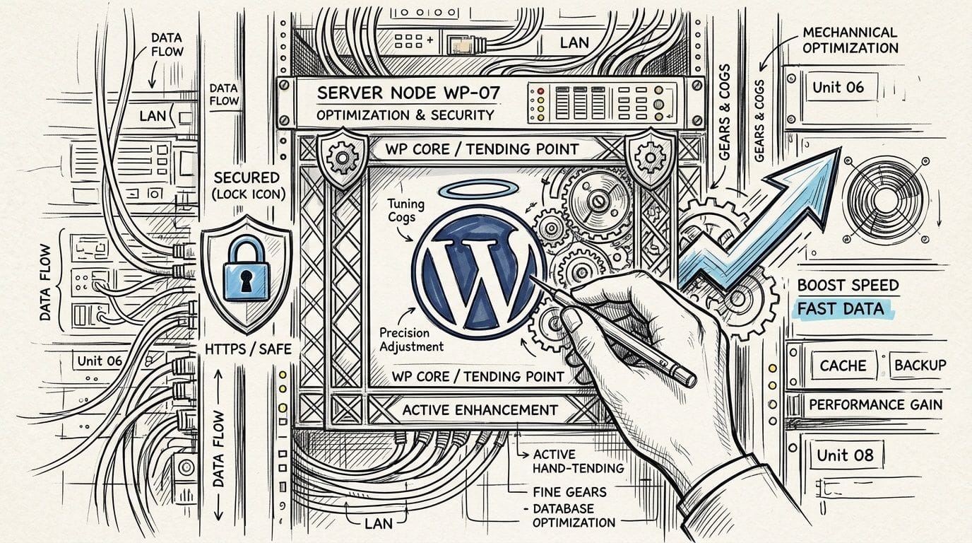 A hand adjusts wordpress settings on a server node, symbolizing optimization, security, and increased performance speeds.
