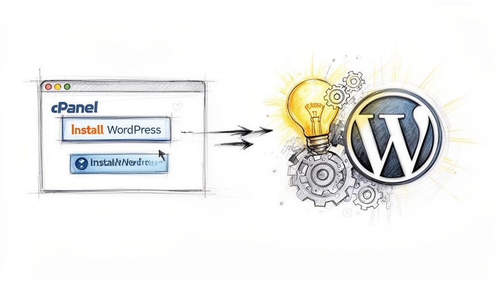 A conceptual illustration showing cpanel software used for installing wordpress on a website or blog.
