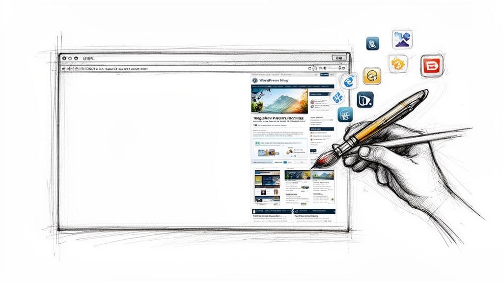 A hand-drawn sketch illustration of a hand using a paintbrush to design a wordpress website blog interface.