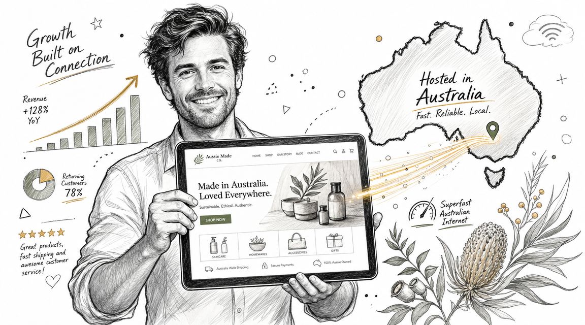 A man holding a tablet displaying an australian e-commerce website with business growth and hosting graphics.