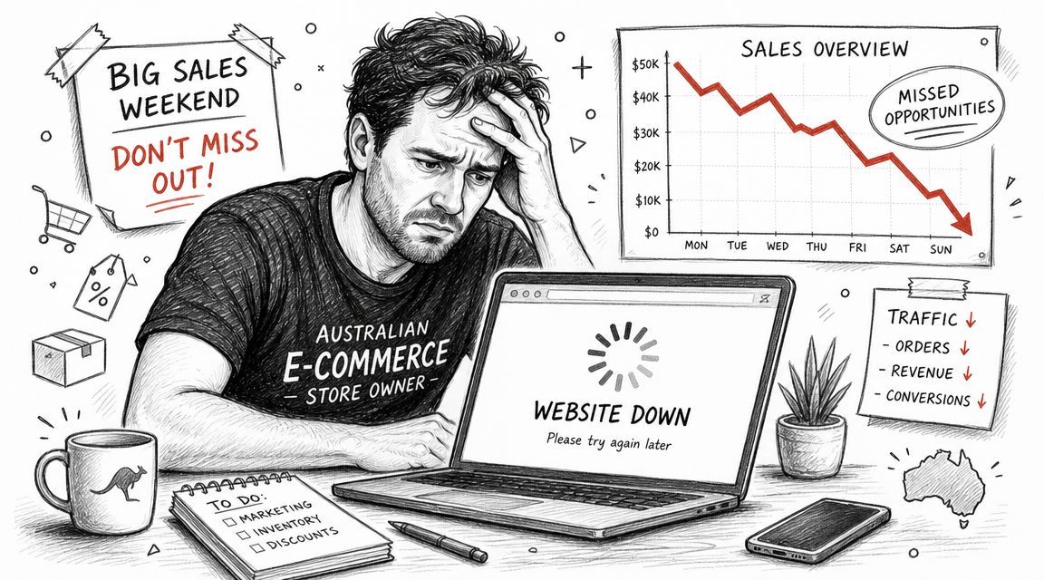 A stressed australian e-commerce store owner looking at a laptop screen displaying a website down error message.