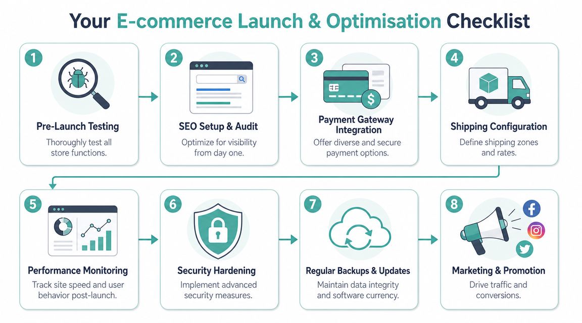 An eight-step infographic checklist for launching and optimizing an online e-commerce website for better performance.