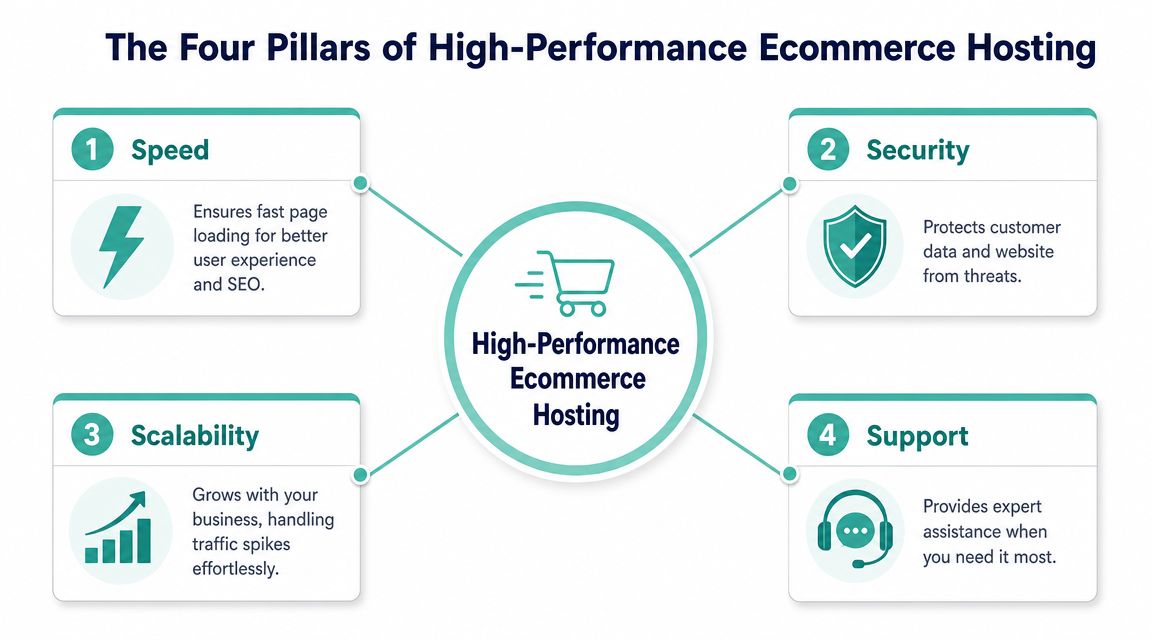 An infographic detailing the four essential pillars of high-performance ecommerce hosting: speed, security, scalability, and support.