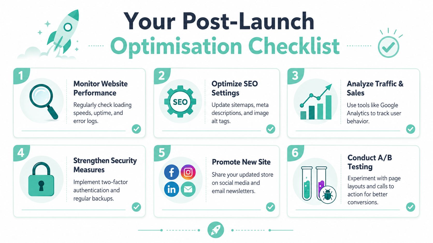An infographic titled your post-launch optimisation checklist, outlining six key steps for maintaining a new website.