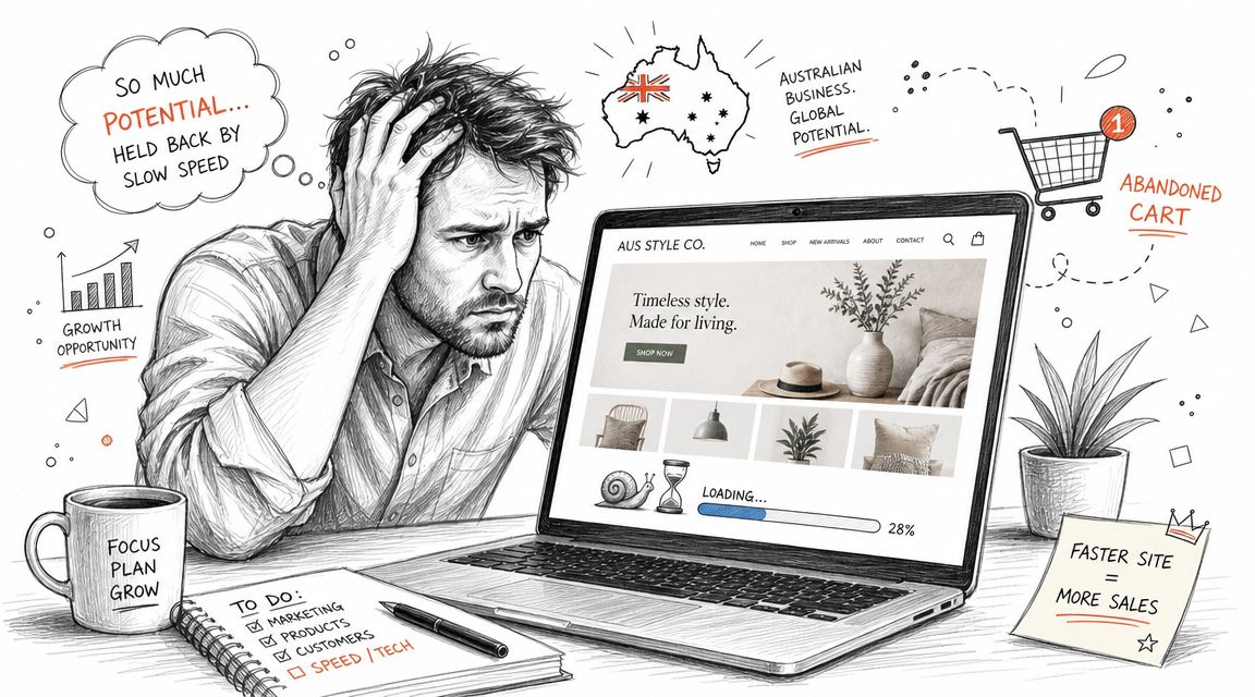A frustrated business owner looking at a slow-loading e-commerce website on a laptop screen.