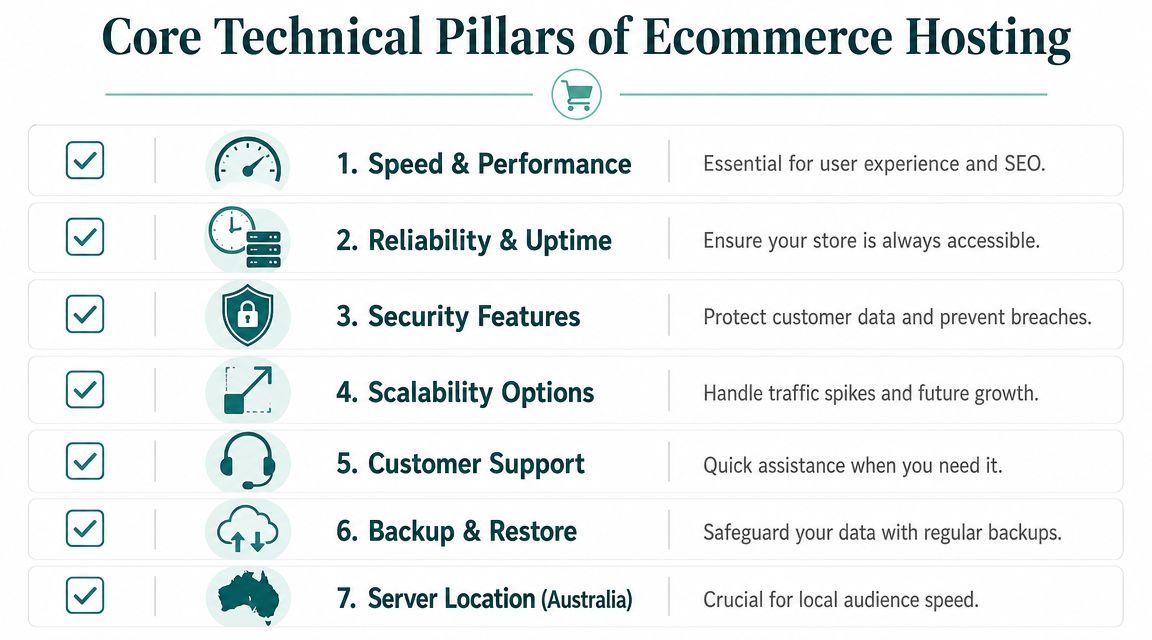 A list of seven core technical pillars essential for high-performance ecommerce hosting and business website success.