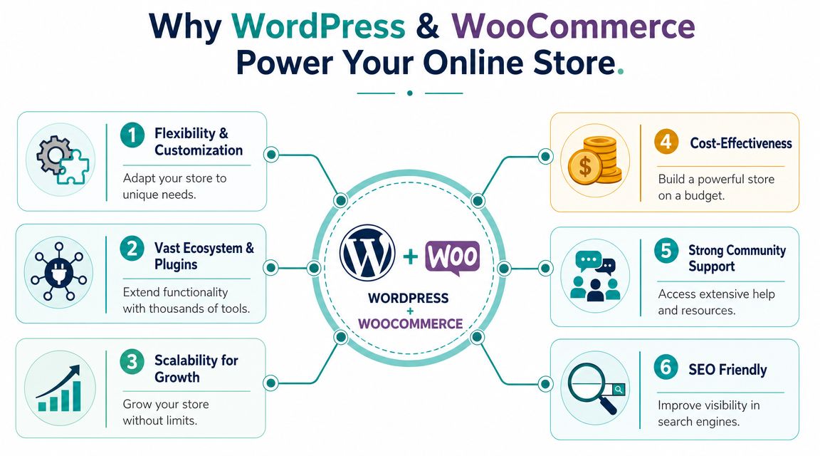 An infographic illustrating six key benefits of using wordpress and woocommerce for building an online store.