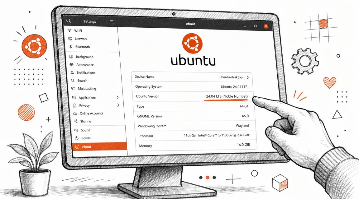 How to Check Version of Ubuntu: 2026 Guide 5 A hand pointing to the ubuntu 24. 04 lts version information on a computer screen desktop settings window.