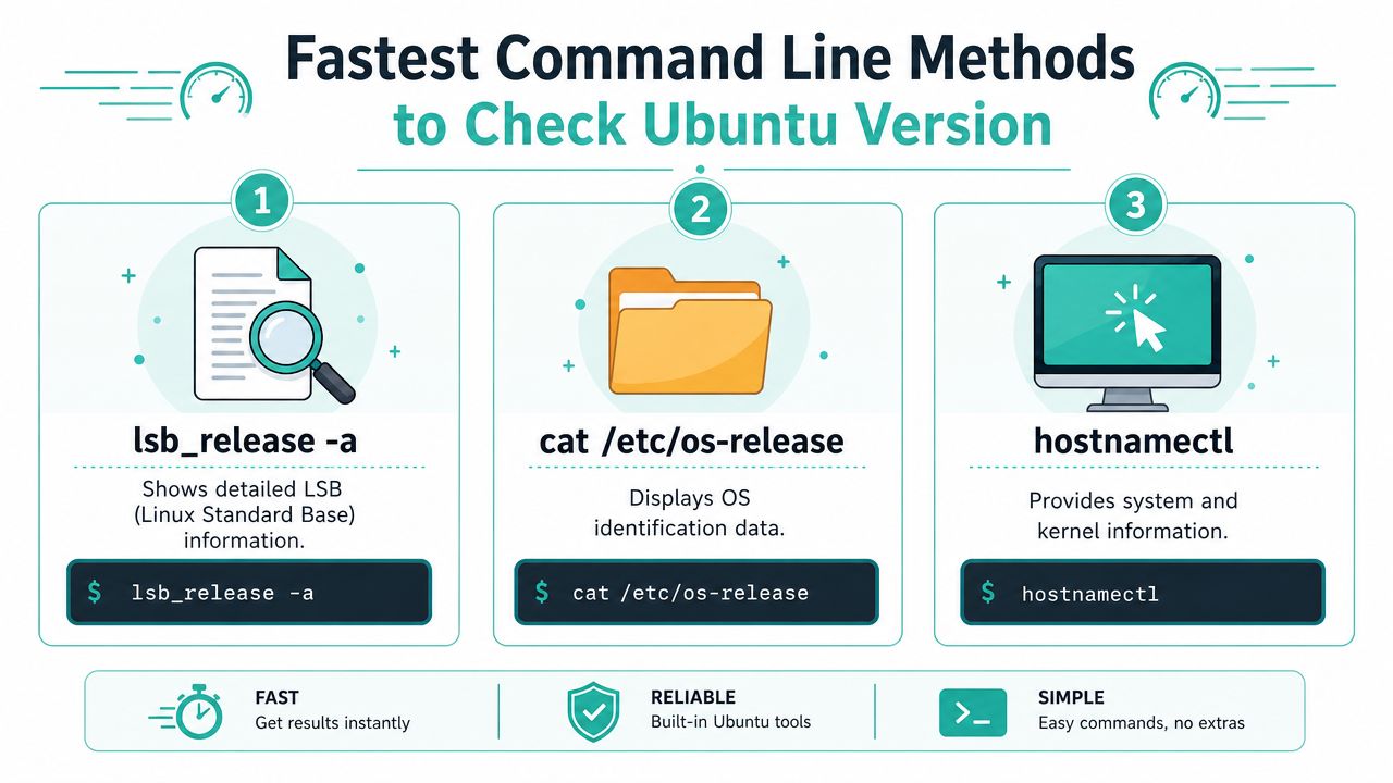How to Check Version of Ubuntu: 2026 Guide 3 An infographic showing three fast command line methods to check your ubuntu version using terminal commands.