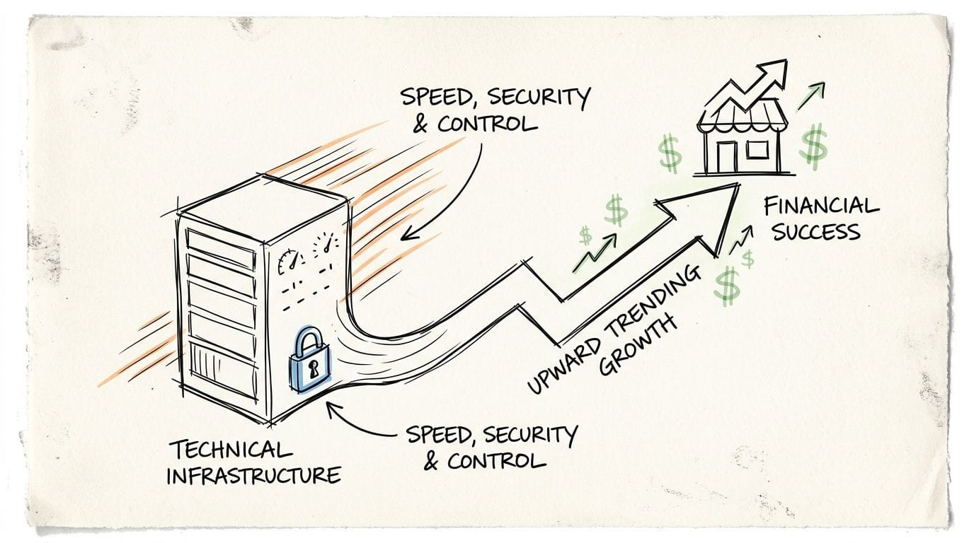 A hand-drawn illustration showing technical infrastructure leading to business financial success through speed, security, and control.