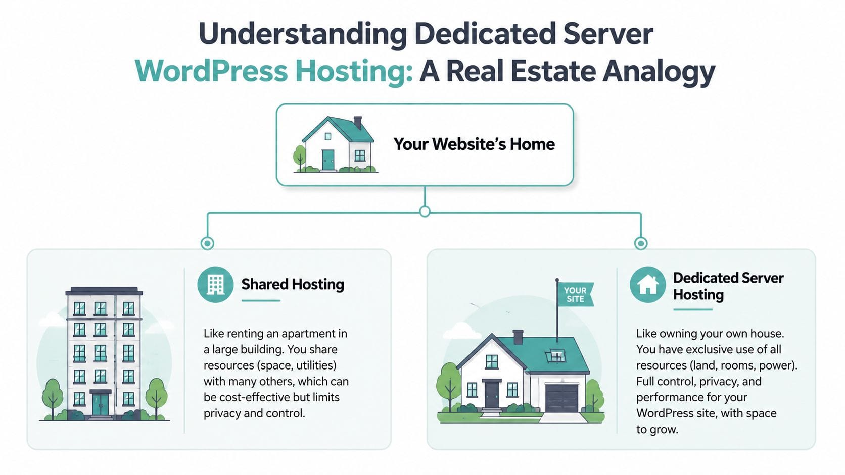 A diagram comparing shared hosting to dedicated server hosting using a real estate analogy for websites.