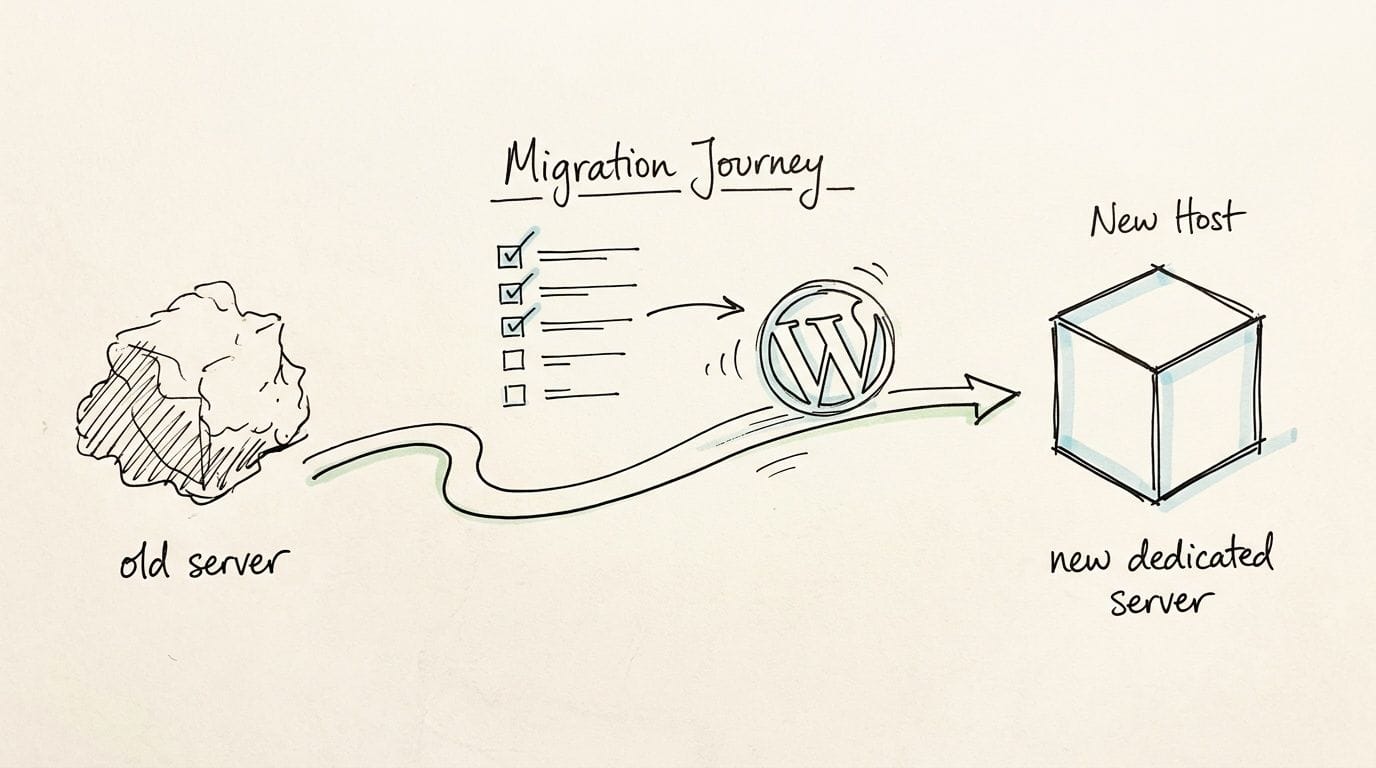 A hand-drawn illustration showing the wordpress migration journey from an old server to a new dedicated host.