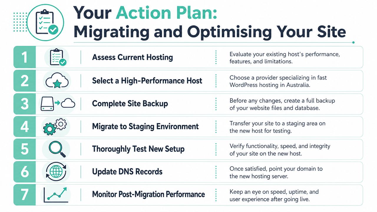 Fastest WordPress Hosting Australia 2026 A Local Guide 8 A 7-step action plan infographic for migrating and optimizing a wordpress website on a high-performance host.