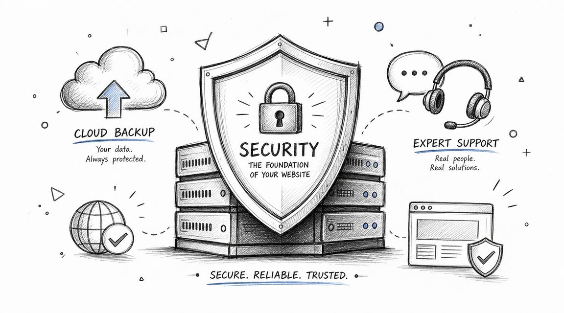 Fastest WordPress Hosting Australia 2026 A Local Guide 7 An illustrated diagram showing a shield protecting website servers with cloud backup and expert support services.