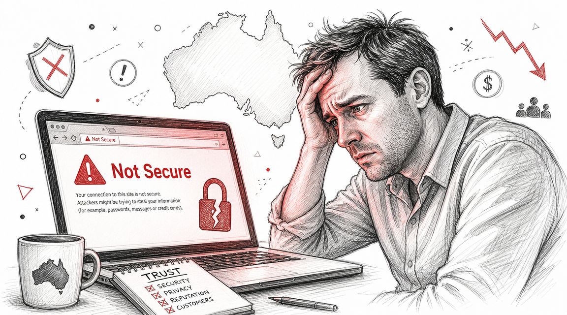 Free SSL Certificate for WordPress: 2026 Guide 2 Stressed man looking at a laptop showing a not secure website warning, symbolizing lost digital trust and cybersecurity threats.
