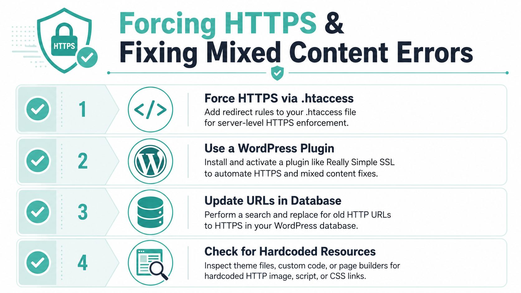 Free SSL Certificate for WordPress: 2026 Guide 6 An infographic illustrating four effective methods for forcing https and fixing mixed content errors on websites.