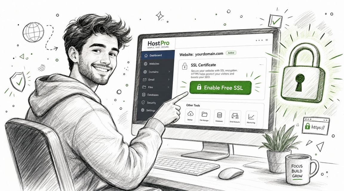 Free SSL Certificate for WordPress: 2026 Guide 3 A happy man pointing to the enable free ssl button on a website dashboard computer screen.