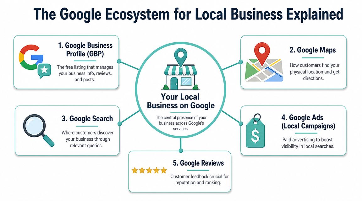 Google for Local Business: The Ultimate 2026 AU Guide 2 An infographic illustrating the google ecosystem components for local businesses including profiles, maps, search, ads, and reviews.