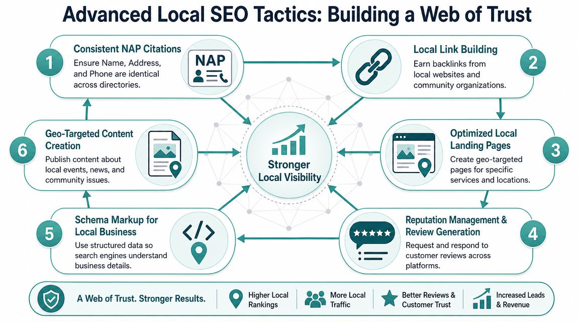 Google for Local Business: The Ultimate 2026 AU Guide 4 A diagram illustrating six advanced local seo tactics for businesses to improve their online search visibility.