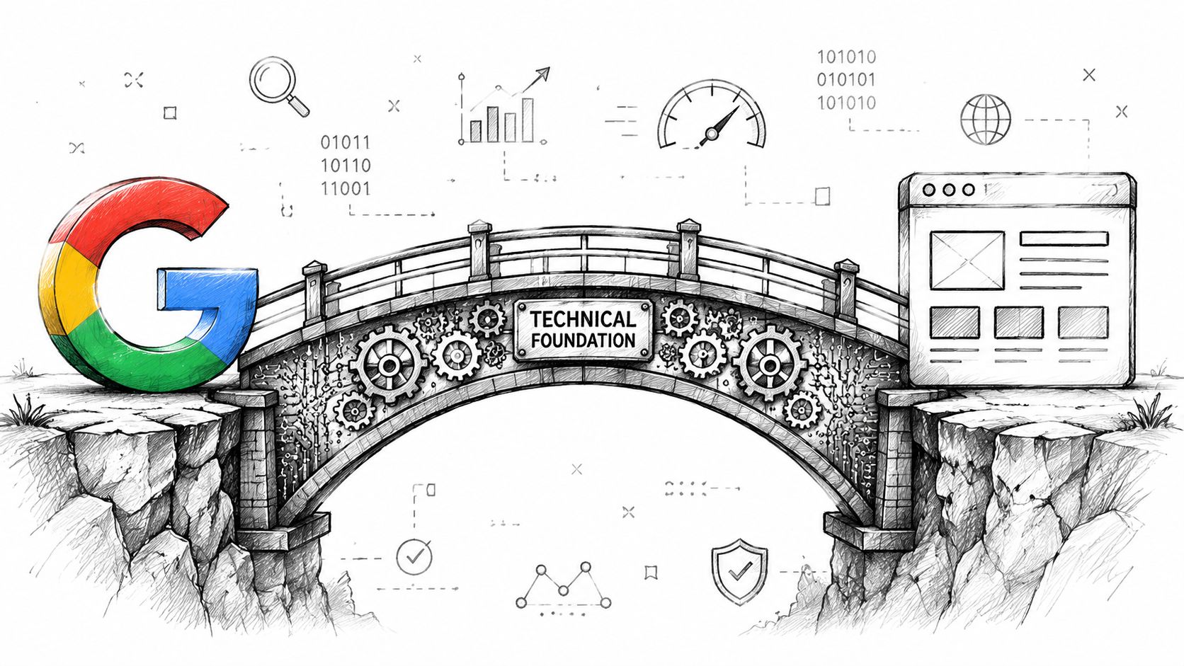 Google for Local Business: The Ultimate 2026 AU Guide 6 A bridge labeled technical foundation connects the google logo to a website wireframe, representing website optimization.