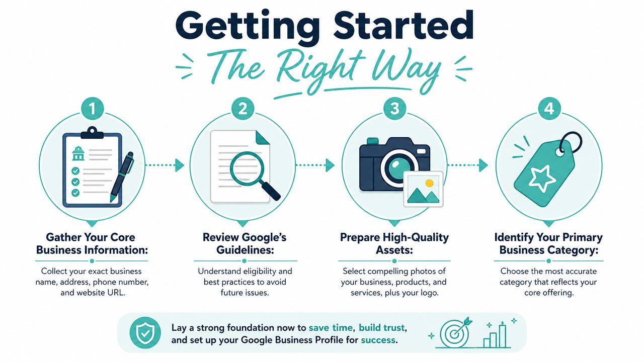 Google Local Business Add: A Guide for Aussie SMBs 2026 3 A four-step infographic illustrating the process of setting up a google business profile for success.