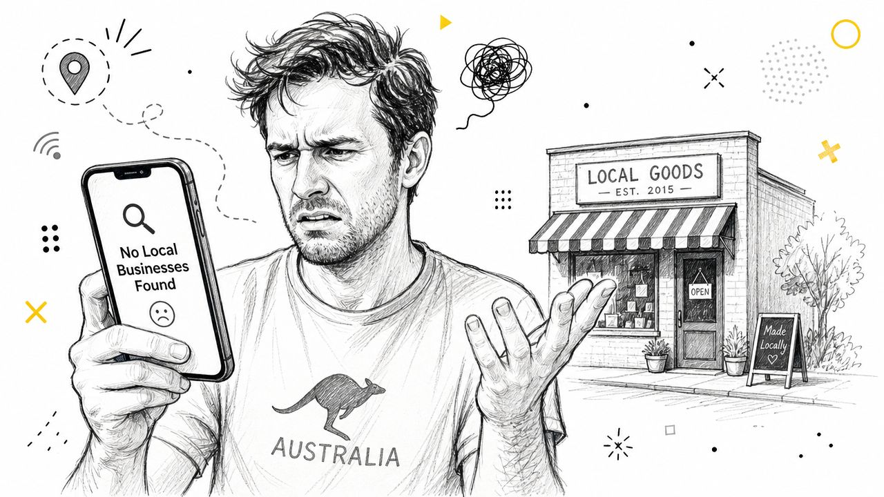 Google Local Business Add: A Guide for Aussie SMBs 2026 2 A man looking frustrated at a phone screen displaying no local businesses found near a local shop.