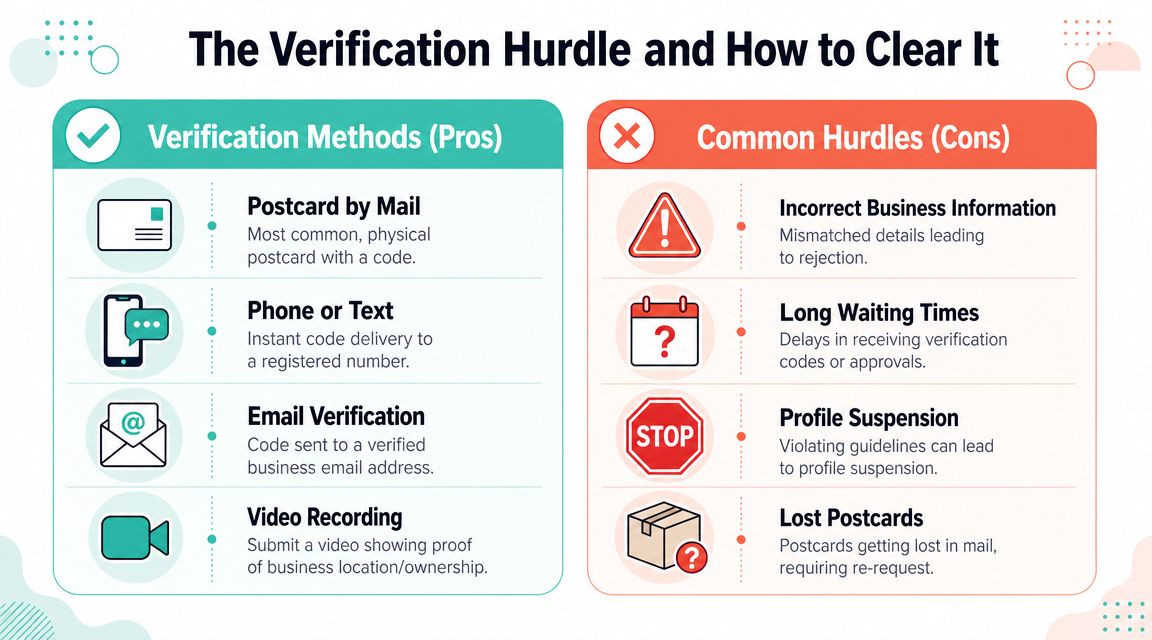 Google Local Business Add: A Guide for Aussie SMBs 2026 6 An infographic titled the verification hurdle showing methods for business verification and common obstacles encountered.