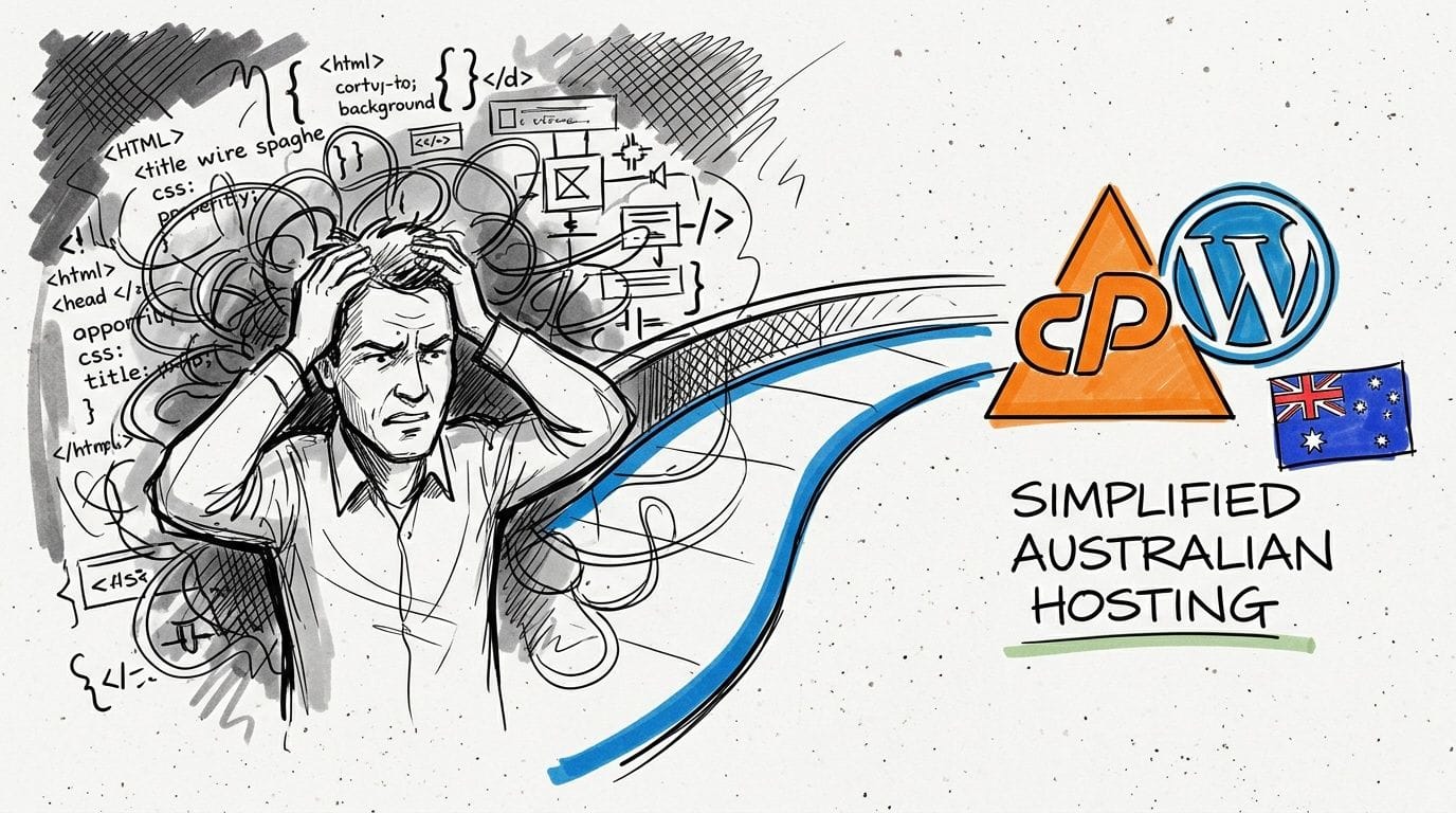 How to Create a Website Using cPanel and WordPress 2 A stressed developer overwhelmed by complex coding tasks, looking toward simplified australian wordpress hosting solutions.