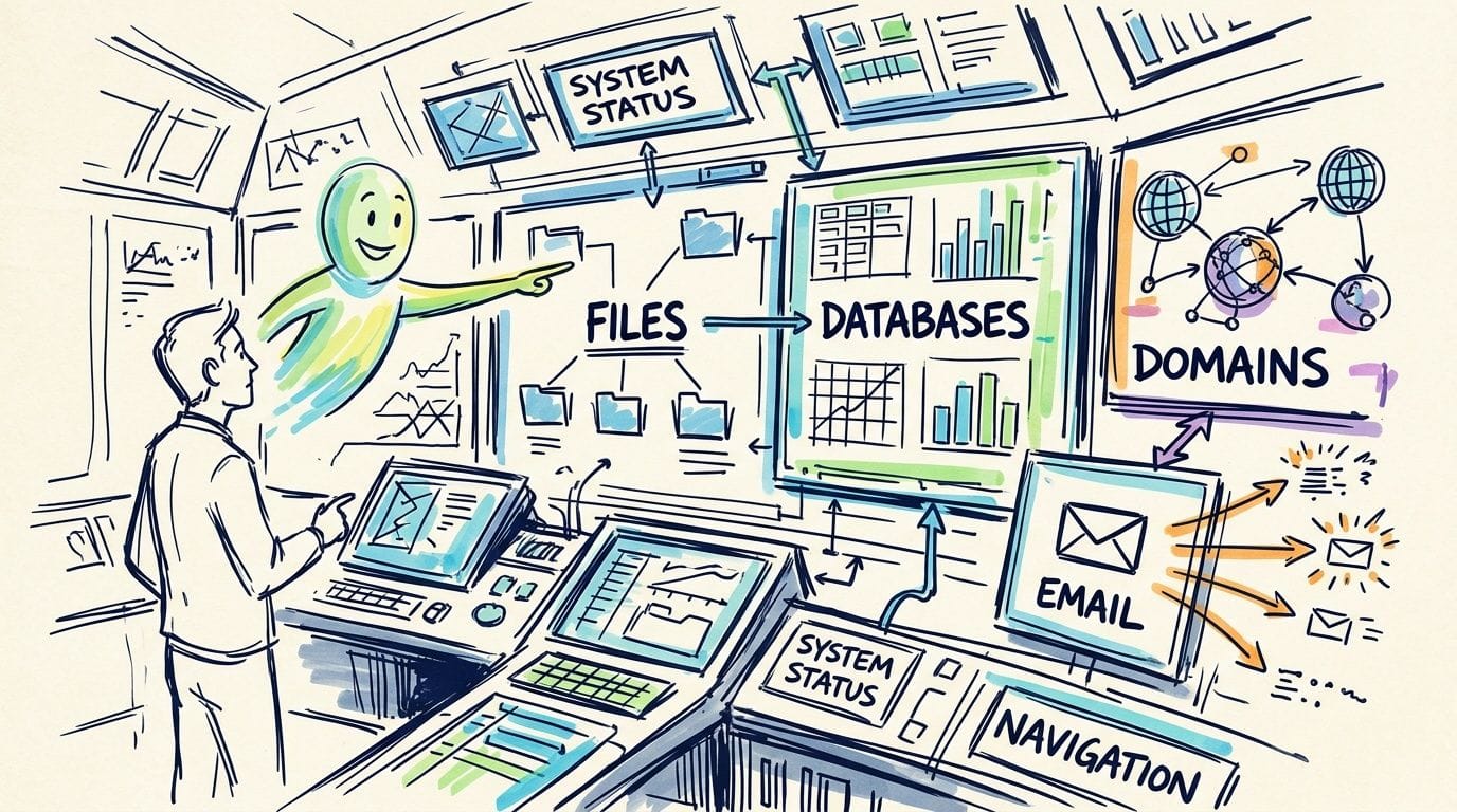 How to Create a Website Using cPanel and WordPress 4 A digital illustration depicting a person interacting with a high-tech dashboard displaying system status, databases, and emails.