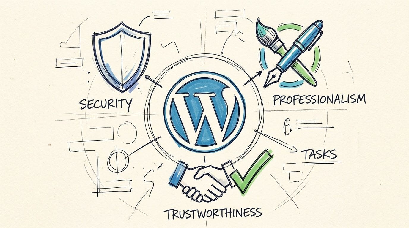 How to Create a Website Using cPanel and WordPress 6 A hand-drawn illustration showing the wordpress logo surrounded by icons representing security, professionalism, tasks, and trustworthiness.