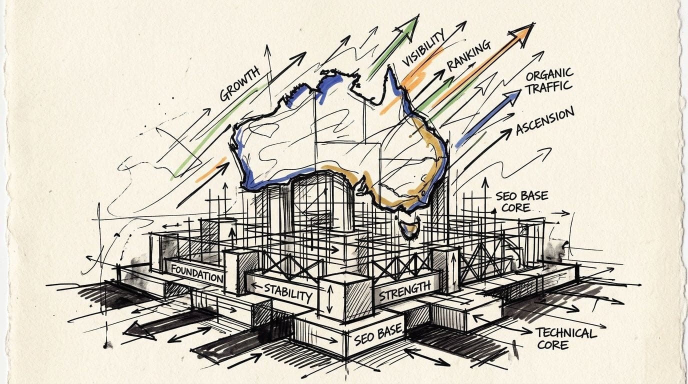A hand-drawn sketch of a map of australia positioned atop a structural seo foundation with growth arrows.