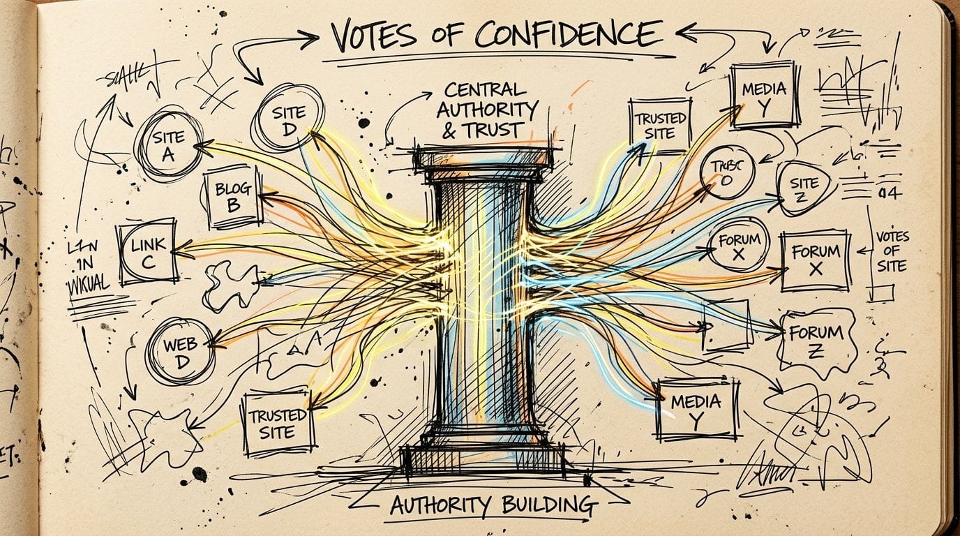 A hand-drawn sketch illustrating authority building and votes of confidence from various websites to a central pillar.