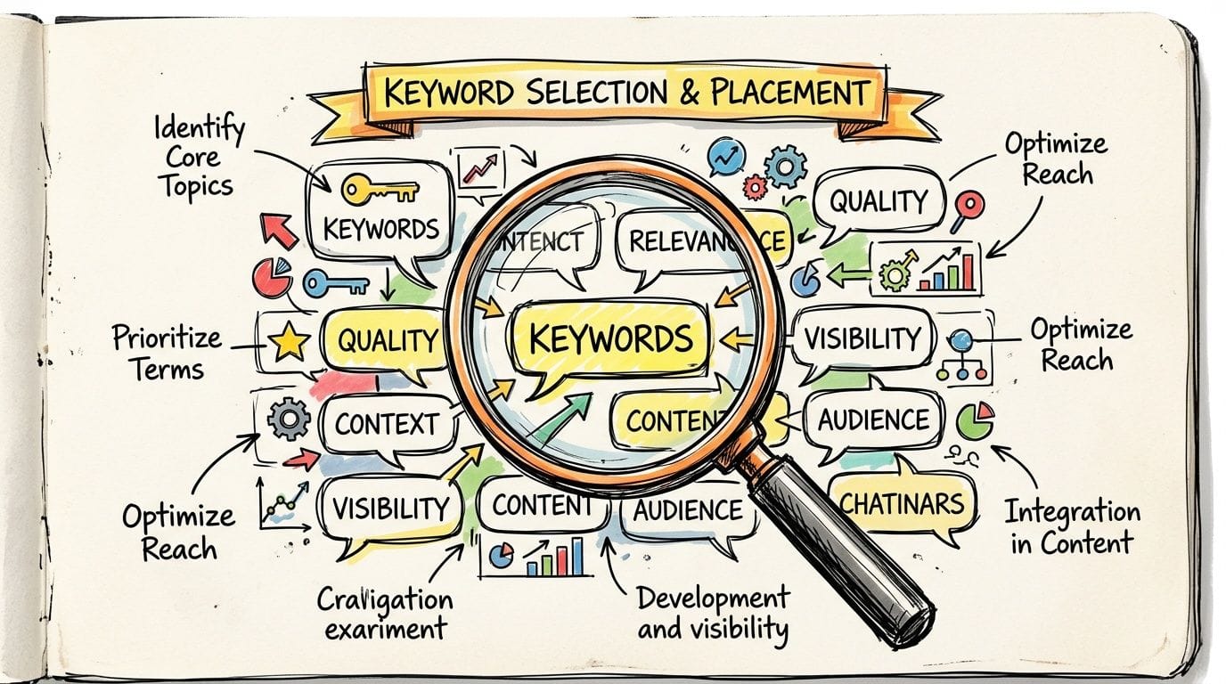 A creative hand-drawn infographic depicting the concept of keyword selection and placement for website ranking.