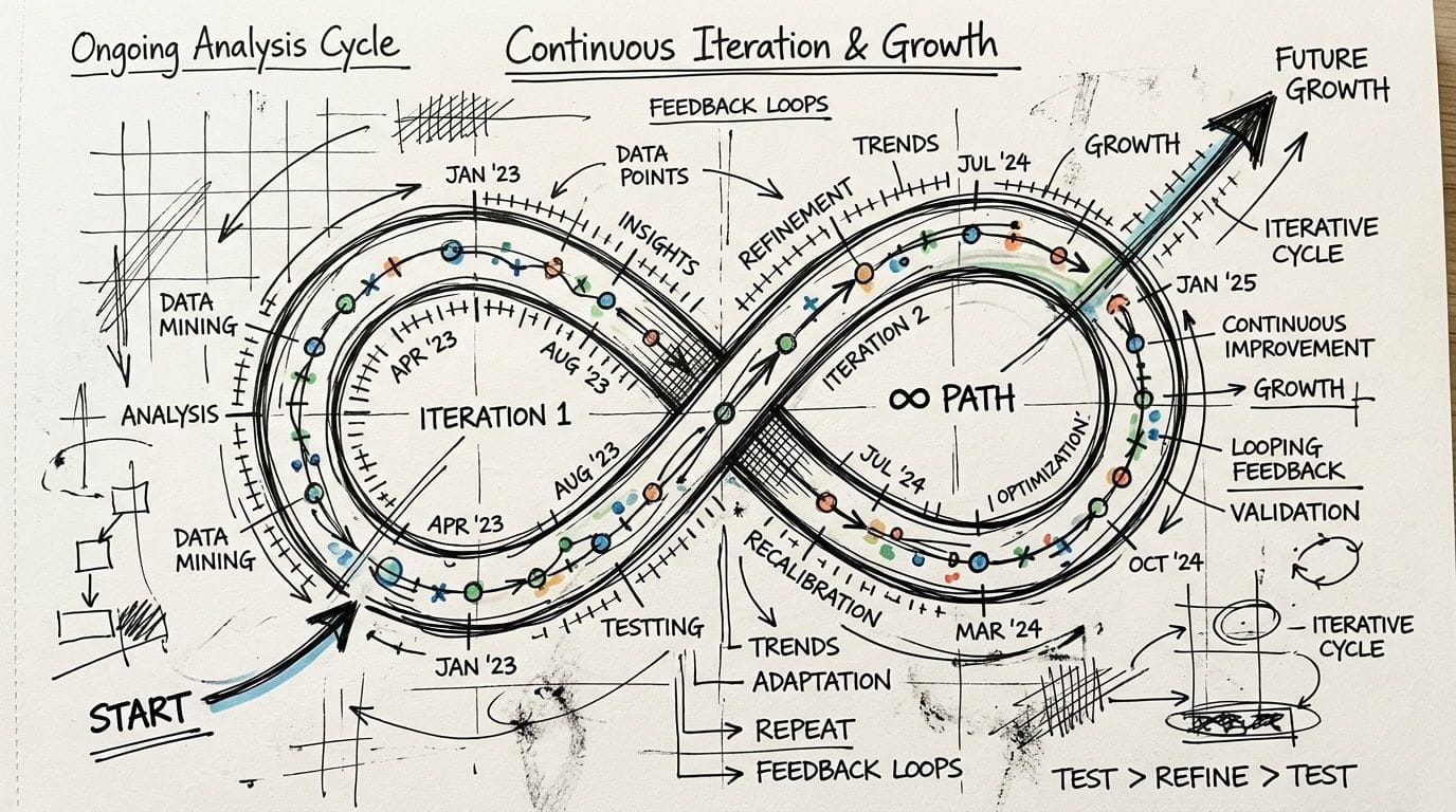 How to Increase Your Website Ranking on Google: 2026 Guide 8 A hand-drawn diagram illustrating an ongoing analysis cycle for continuous iteration and growth using infinity loops.