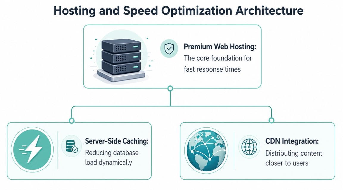 How to Increase Your Website Ranking on Google: 2026 Guide 5 A diagram illustrating web hosting and speed optimization architecture, including server-side caching and cdn integration.