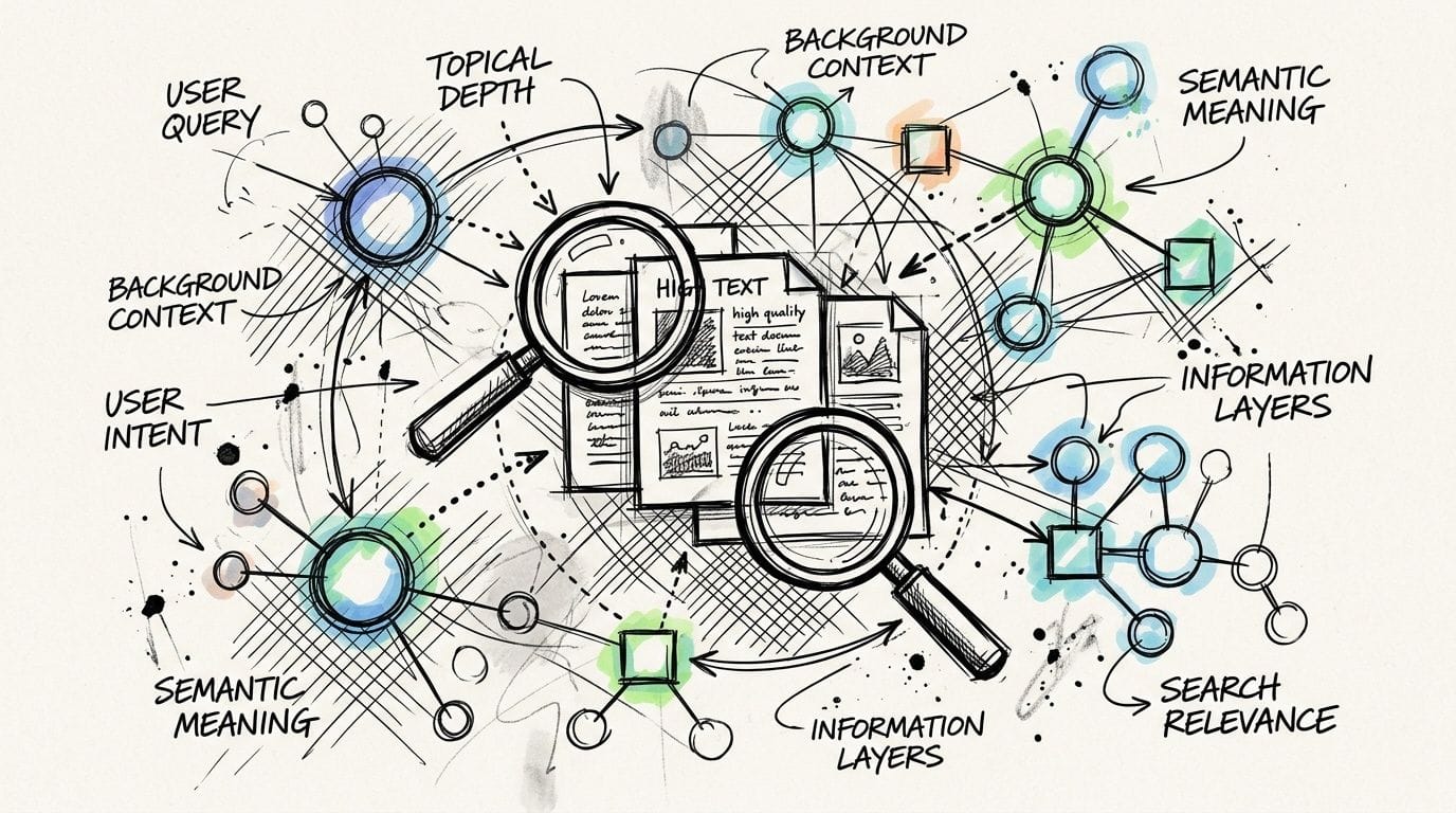 How to Increase Your Website Ranking on Google: 2026 Guide 4 A conceptual sketch showing magnifying glasses over documents with nodes representing search intent and semantic data analysis.