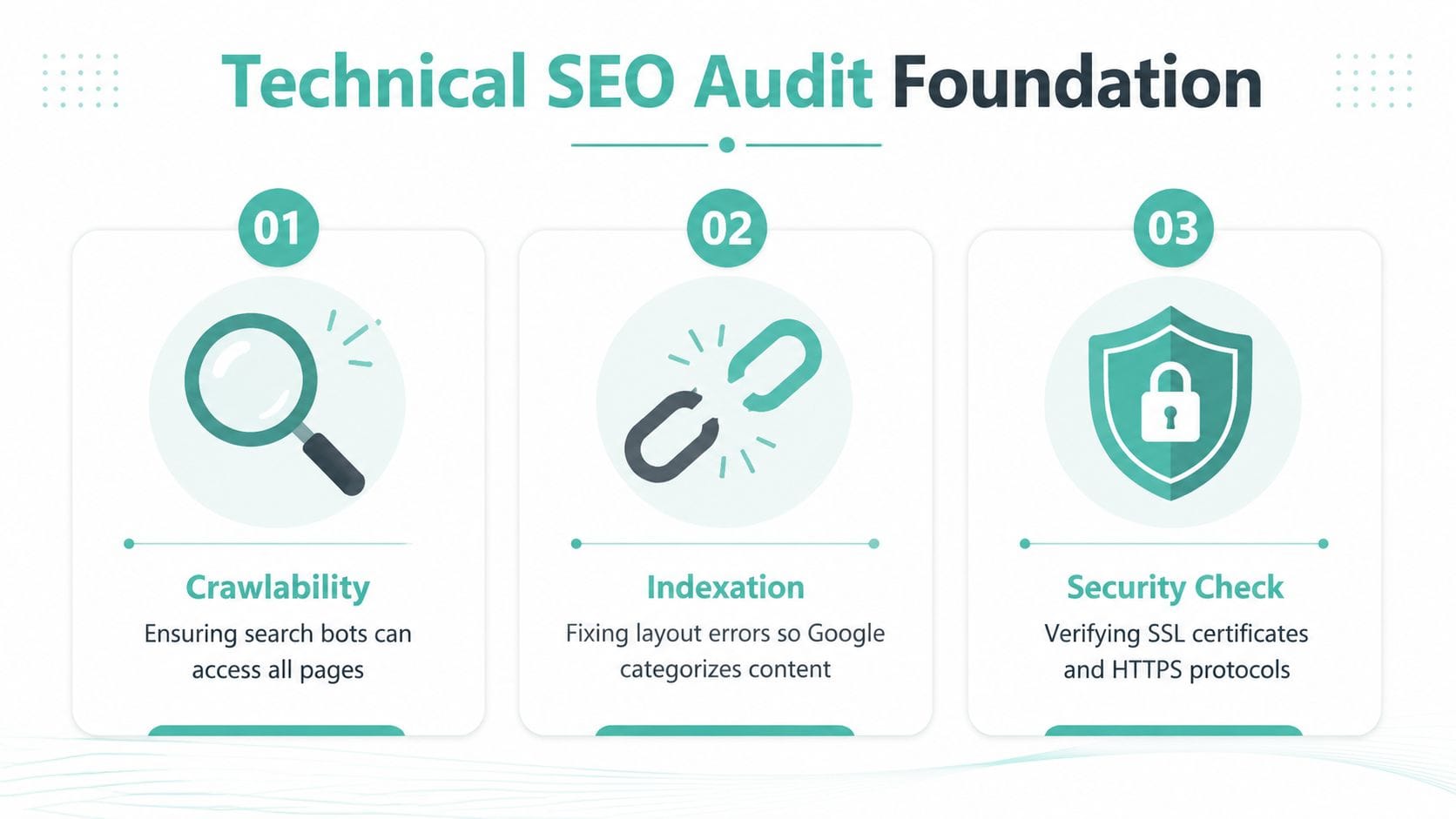 How to Increase Your Website Ranking on Google: 2026 Guide 2 A visual guide illustrating three essential pillars of technical seo: crawlability, indexation, and security check for websites.
