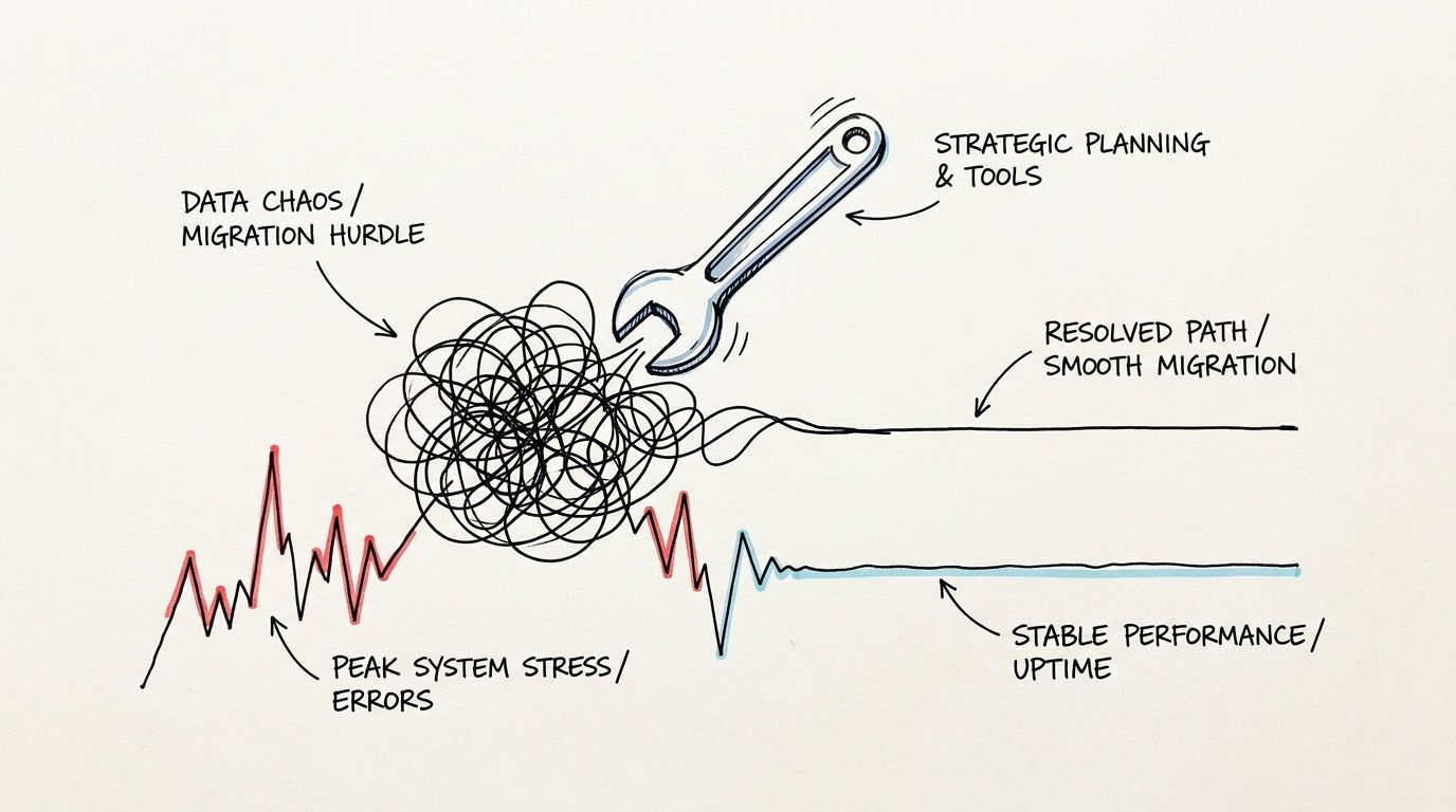 A hand-drawn illustration depicting a complex data migration process being simplified by strategic planning and tools.