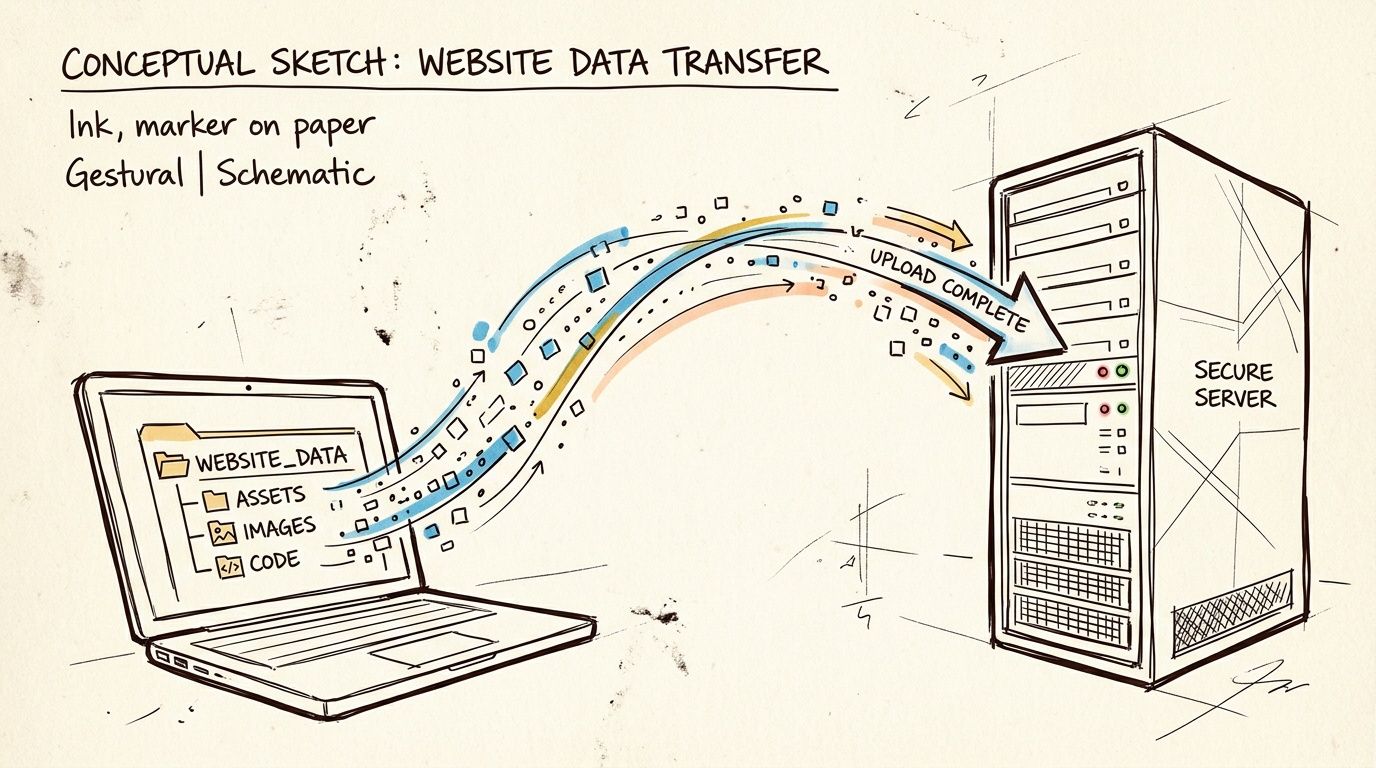A hand-drawn sketch showing website data transferring from a laptop into a secure server for website hosting.