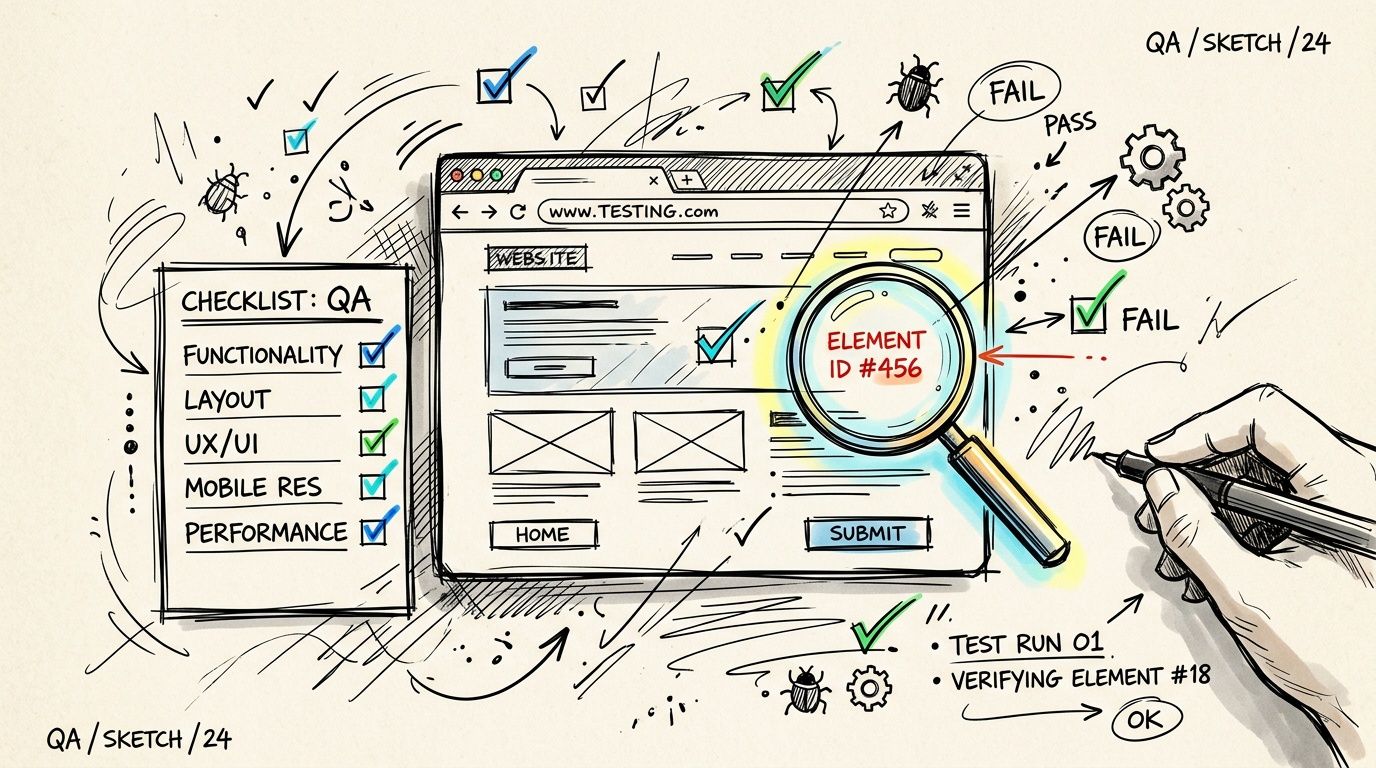 A hand-drawn sketch of a qa testing checklist and a browser window being inspected with a magnifying glass.