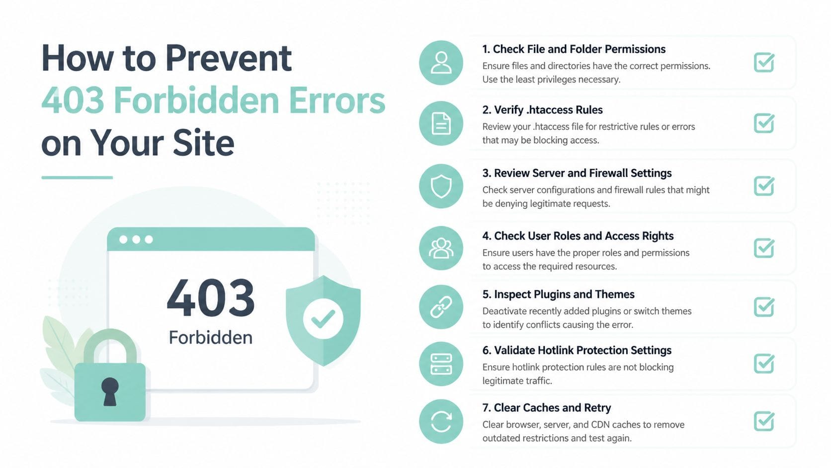 HTTP Error 403: A Guide for Australian Businesses 7 A checklist infographic illustrating seven effective steps to fix and prevent 403 forbidden errors on websites.