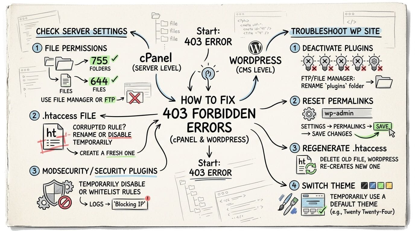 HTTP Error 403: A Guide for Australian Businesses 4 A visual flowchart guide detailing step-by-step methods to fix 403 forbidden errors in cpanel and wordpress environments.