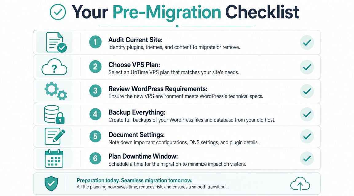 Migrate WordPress to VPS: An AU Guide for 2026 2 A checklist infographic titled your pre-migration checklist, outlining six essential steps for migrating a wordpress website.