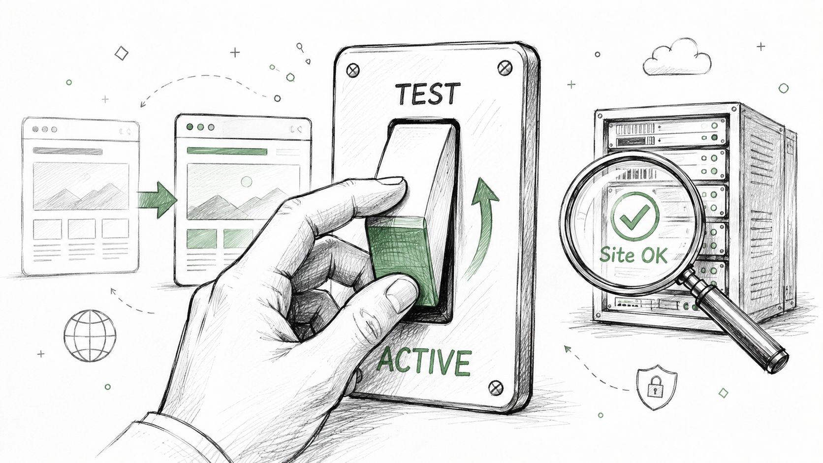 Migrate WordPress to VPS: An AU Guide for 2026 6 A hand flipping a test to active switch, indicating server migration and website testing success.