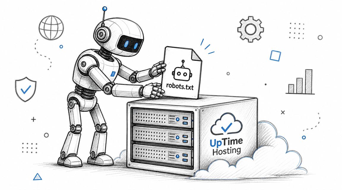 A friendly robot placing a robots. Txt file into a server box branded with uptime hosting.
