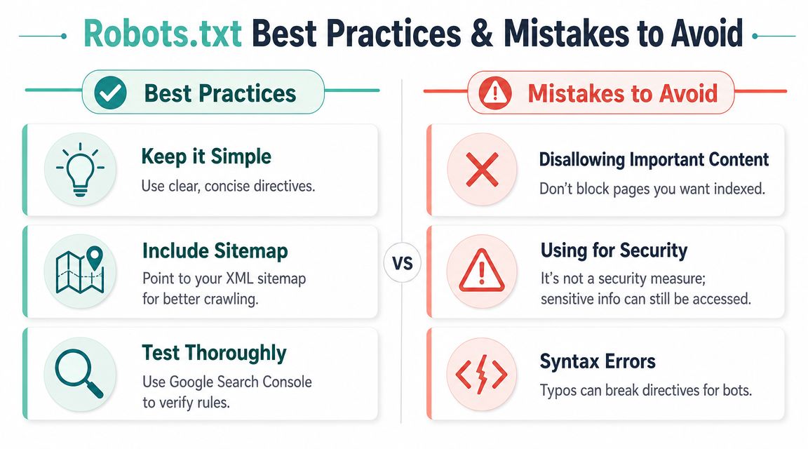 An infographic showing best practices and common mistakes when configuring the robots. Txt file for websites.