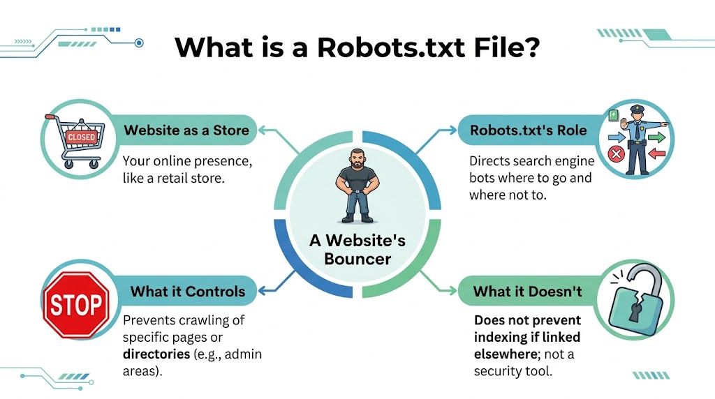 An infographic explaining how a robots. Txt file functions as a website bouncer for search engine bots.