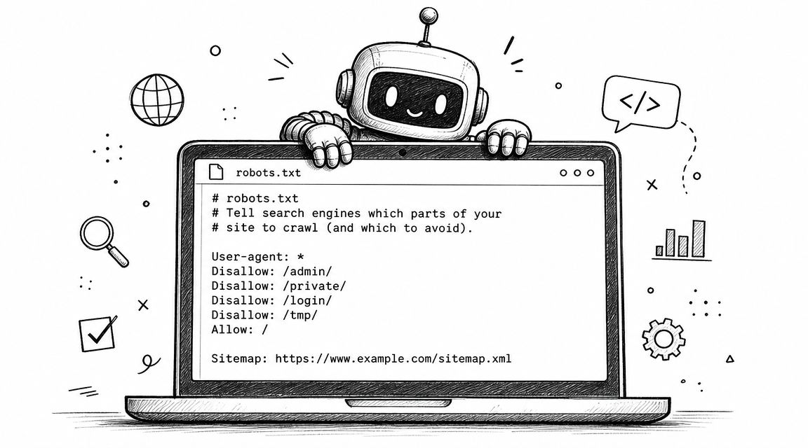 A friendly robot standing behind a laptop displaying a robots. Txt configuration file on its screen.