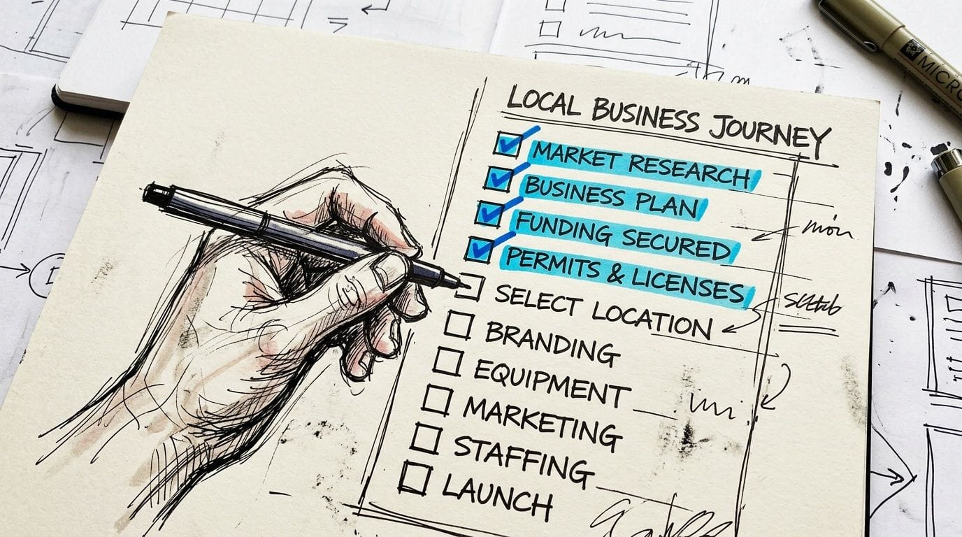 Search Engine Optimization: The Complete AU Guide for 2026 8 A hand-drawn illustration depicting a local business journey checklist with several completed steps highlighted in blue.